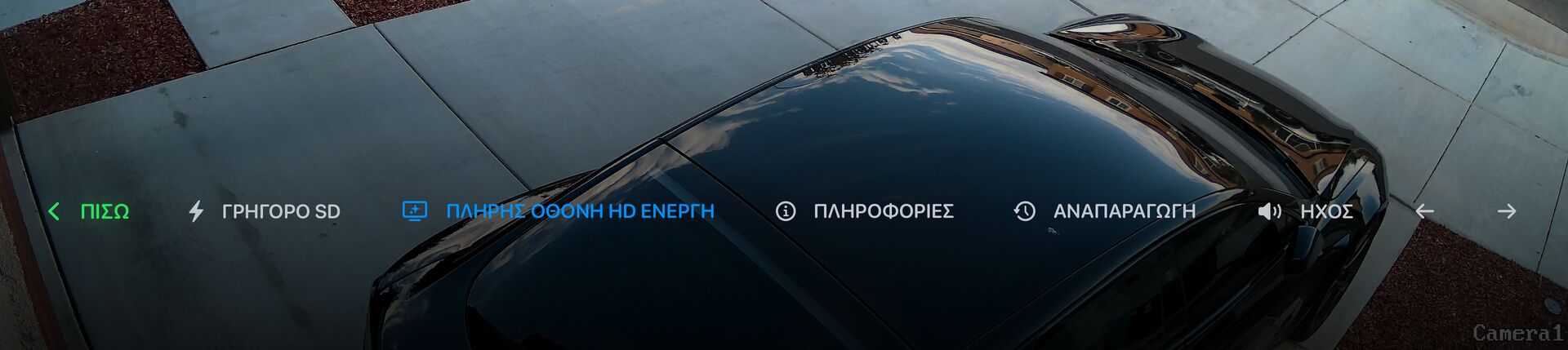 Η γραμμή χειριστηρίων ζωντανής προβολής: Πίσω, Γρήγορο SD, HD πλήρους οθόνης, Πληροφορίες, Αναπαραγωγή, ήχος και βέλη για προηγούμενη και επόμενη κάμερα.