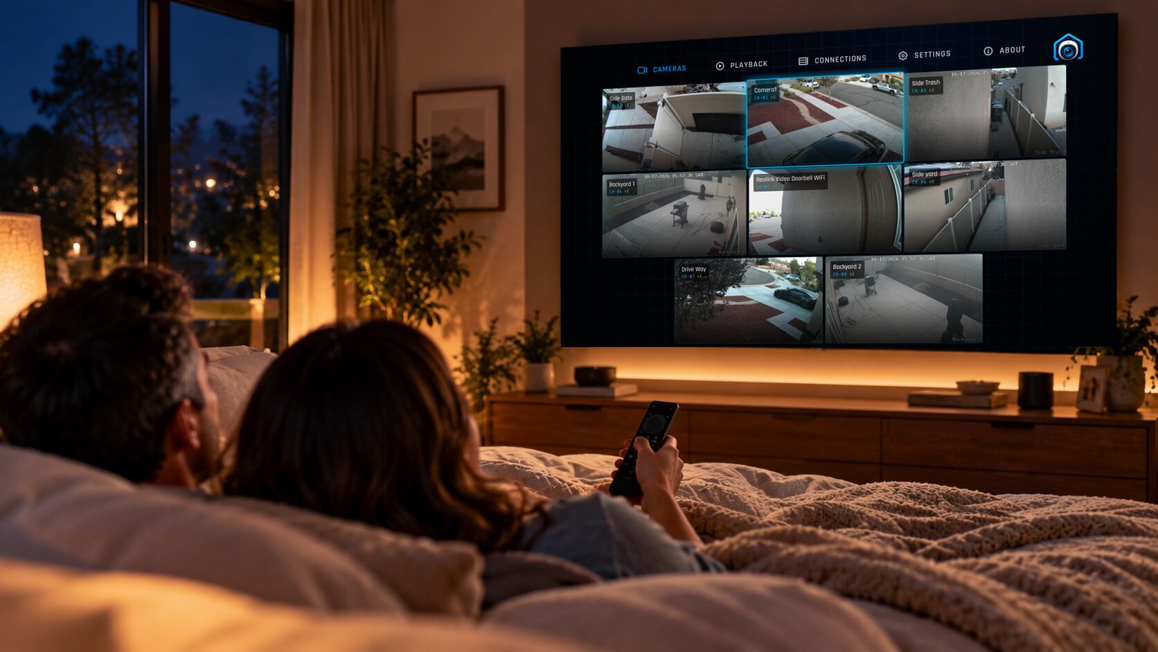 A couple in bed at night checking the Cameras wall on the bedroom TV with the remote.