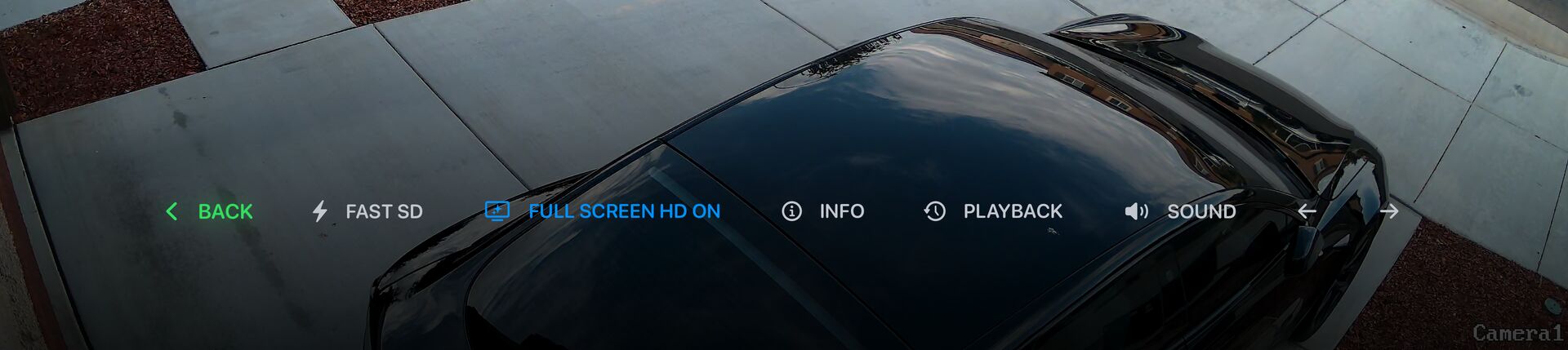 The live view's control bar: Back, Fast SD, Full Screen HD, Info, Playback, audio, and arrows to the previous and next camera.