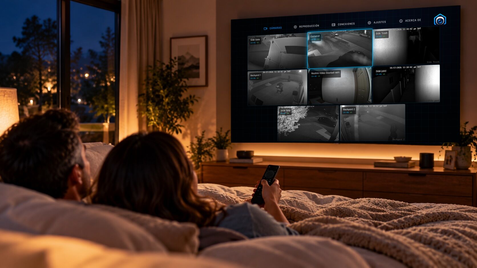 Una pareja en la cama por la noche consulta el muro de Cámaras en el televisor del dormitorio con el mando.