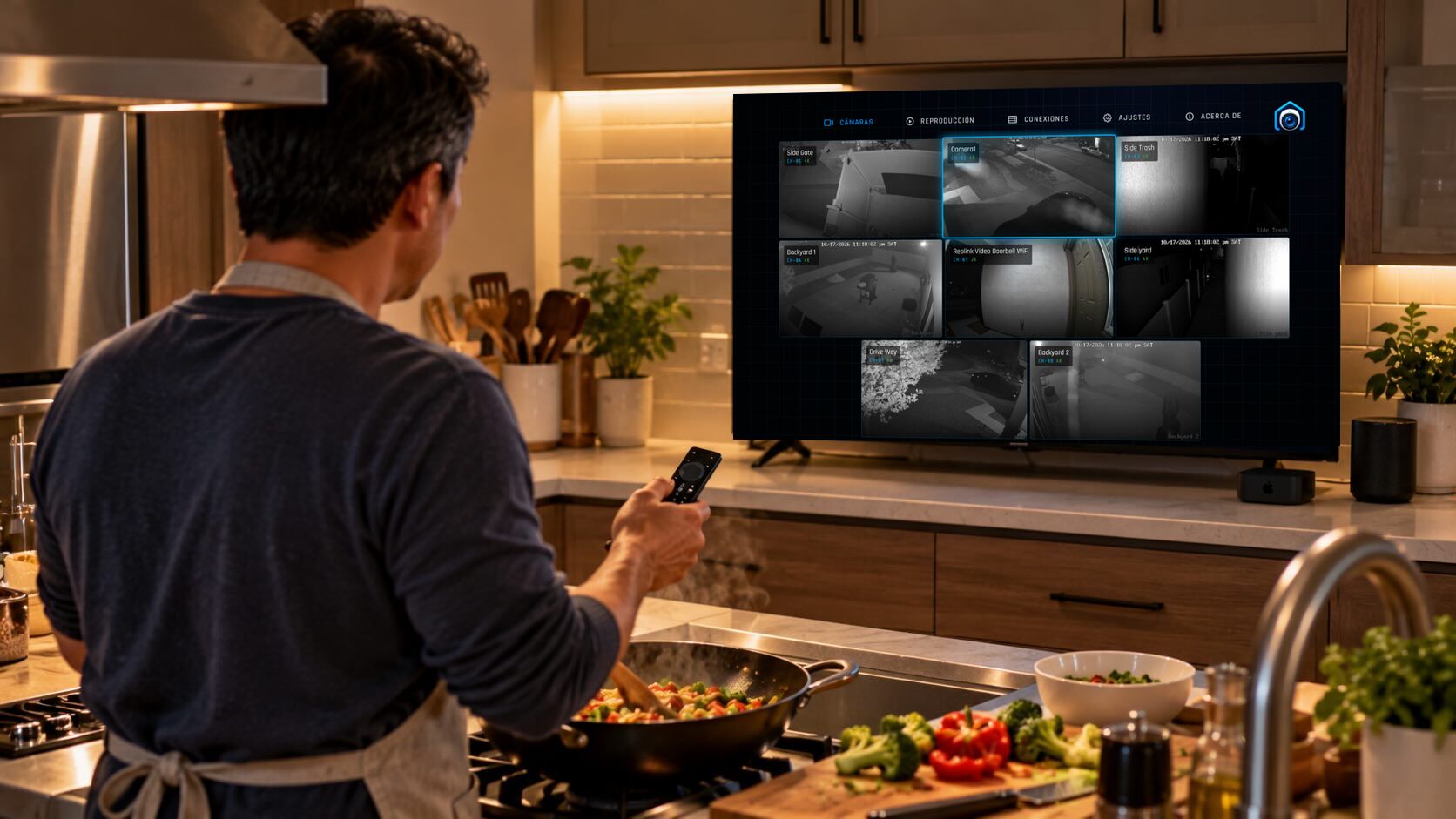 Alguien prepara la cena y echa un vistazo al muro de Cámaras en el televisor de la cocina, con el mando en la mano.