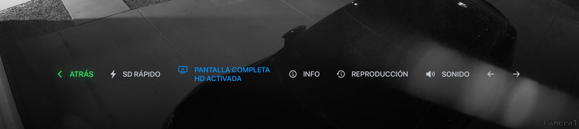 La barra de controles de la vista en directo: Atrás, SD rápido, Pantalla completa HD, Información, Reproducción, audio y flechas para ir a la cámara anterior y siguiente.