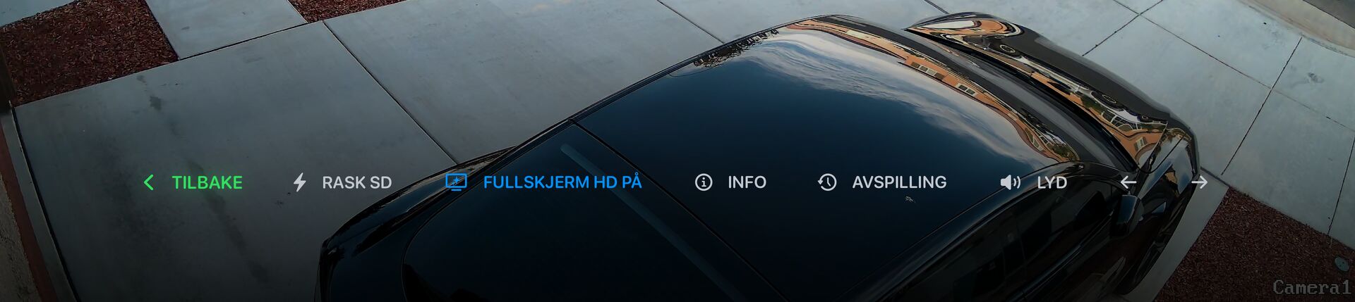 Kontrollinje for direktevisning: Tilbake, Rask SD, Fullskjerm HD, Info, Avspilling, Lyd og piler for å bytte til forrige/neste kamera.