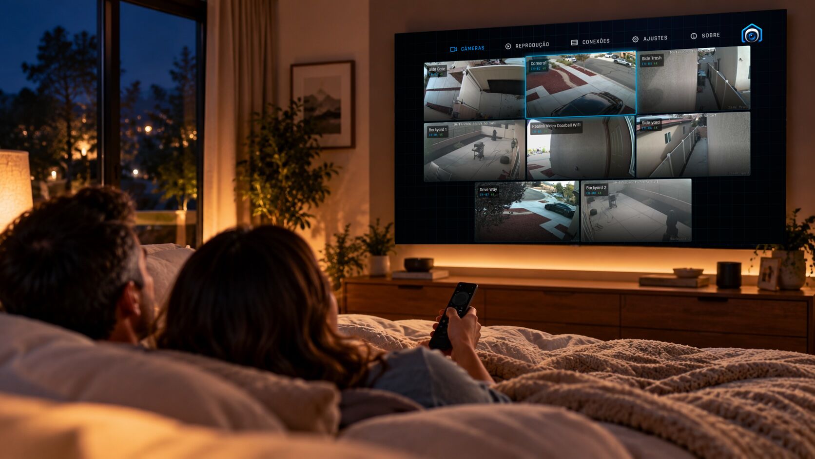 Um casal na cama verifica à noite o mural de câmaras na televisão do quarto utilizando o comando.