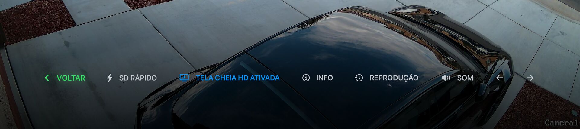 A barra de controlos da visualização em direto: Voltar, SD rápido, Ecrã inteiro HD, Informações, Reprodução, áudio e setas para a câmara anterior e seguinte.