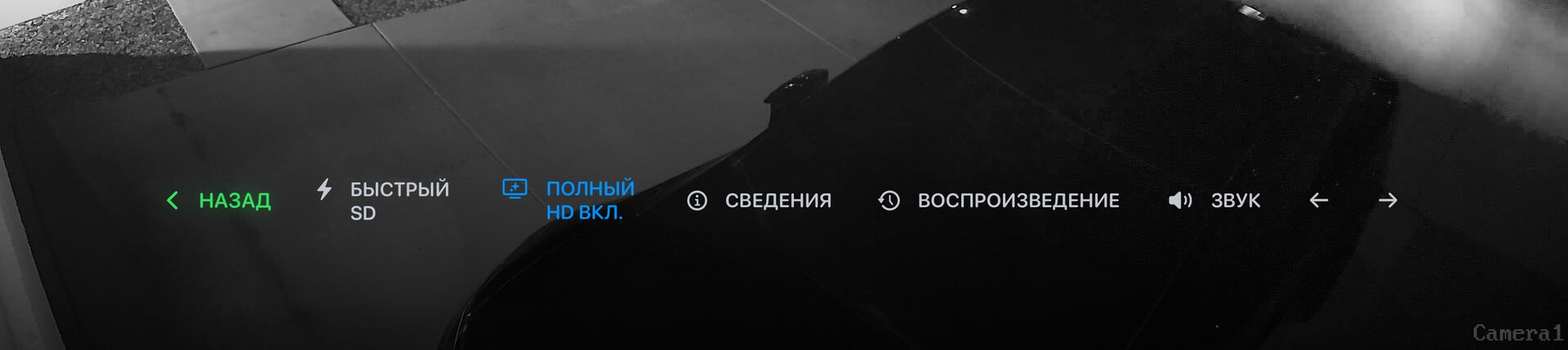 Панель управления просмотром в реальном времени: «Назад», «Быстрый SD», «Полный экран HD», «Информация», «Воспроизведение», звук и стрелки перехода к предыдущей и следующей камере.