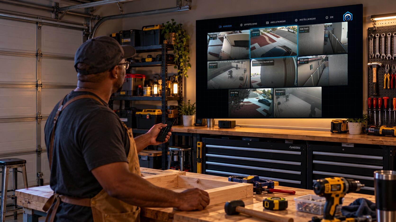 En person arbetar med ett projekt i en garageverkstad samtidigt som kameraväggen övervakas på en väggmonterad TV.