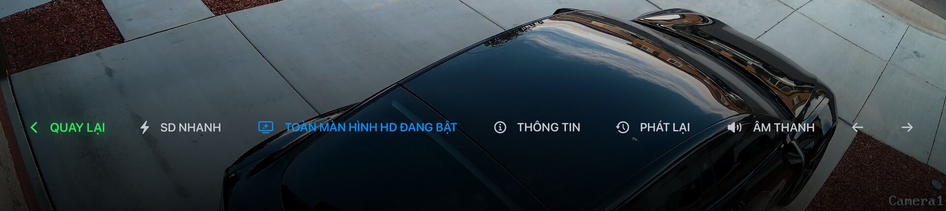 Thanh điều khiển xem trực tiếp: Quay lại, SD nhanh, HD toàn màn hình, Thông tin, Phát lại, Âm thanh và các mũi tên để chuyển sang camera trước/tiếp theo.