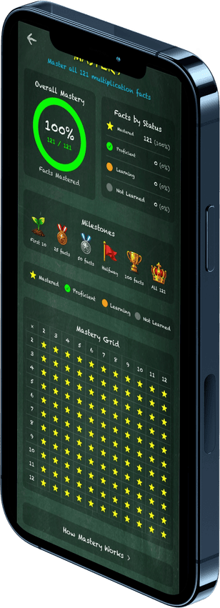 TimesX mastery grid on iPhone, showing all 121 multiplication facts colour-coded from Learning to Mastered