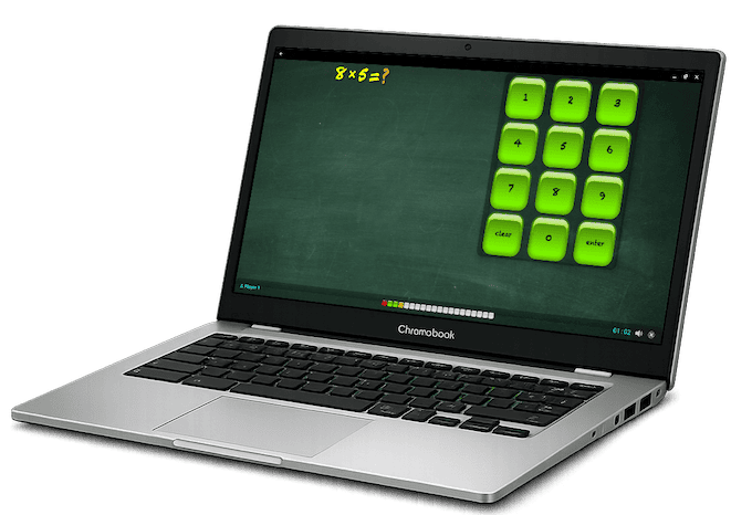 Typing the answer to a times-table question in TimesX on a Chromebook