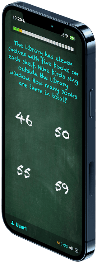 An AI-generated multiplication word problem in TimesX on iPhone