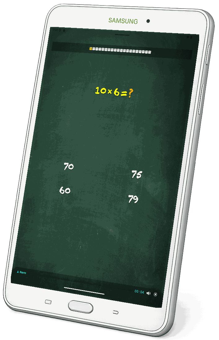 A multiple choice multiplication quiz question in TimesX on an Android tablet