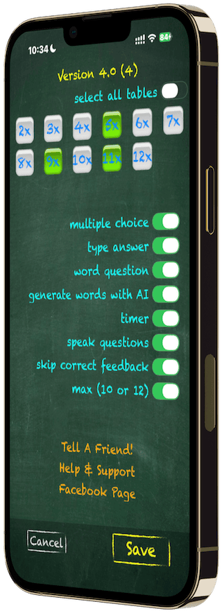 Choosing times tables, timer and question type for a test in TimesX on iPhone