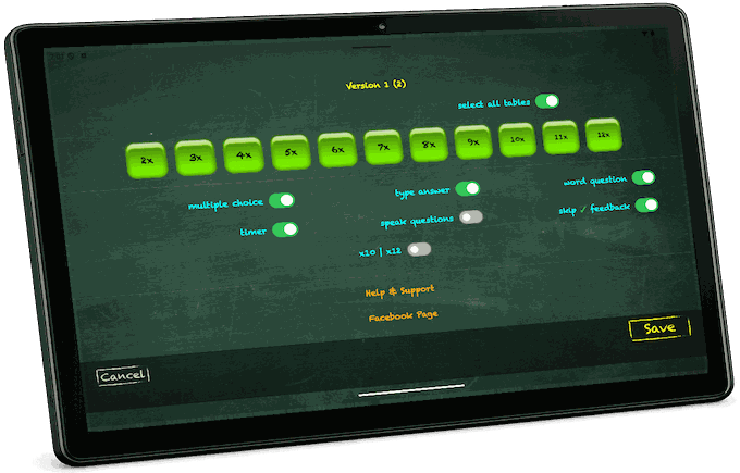 Choosing times tables, timer and question type for a test in TimesX on an Android tablet
