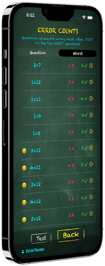 Repeat-mistake practice list ranking the multiplication facts missed most often, on iPhone