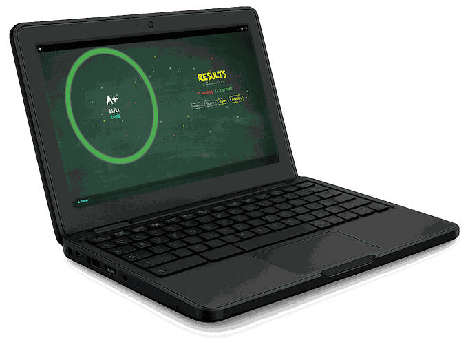 Test results screen with score percentage and letter grade in TimesX on a Chromebook