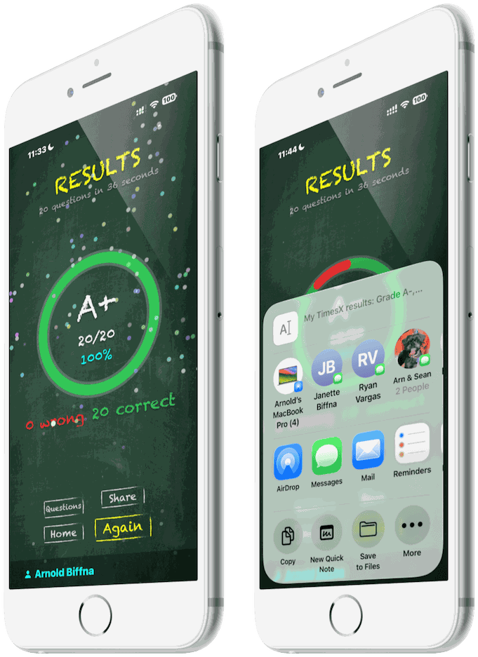 Test results screen with score percentage and letter grade in TimesX on iPhone